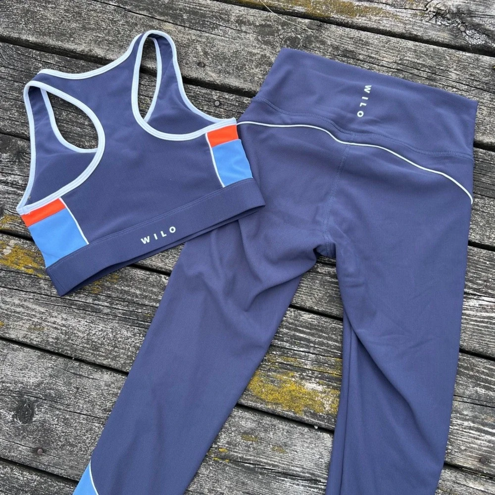 WILO Activewear Set Women Small Blue Orange Ribbed Colorblock Sports Bra Legging